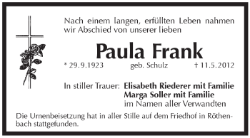 Traueranzeige von Paula Frank von Pegnitz-Zeitung